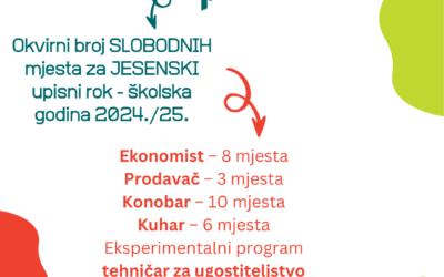 Okvirni BROJ SLOBODNIH MJESTA za JESENSKI UPISNI ROK – školska godina 2024/25.