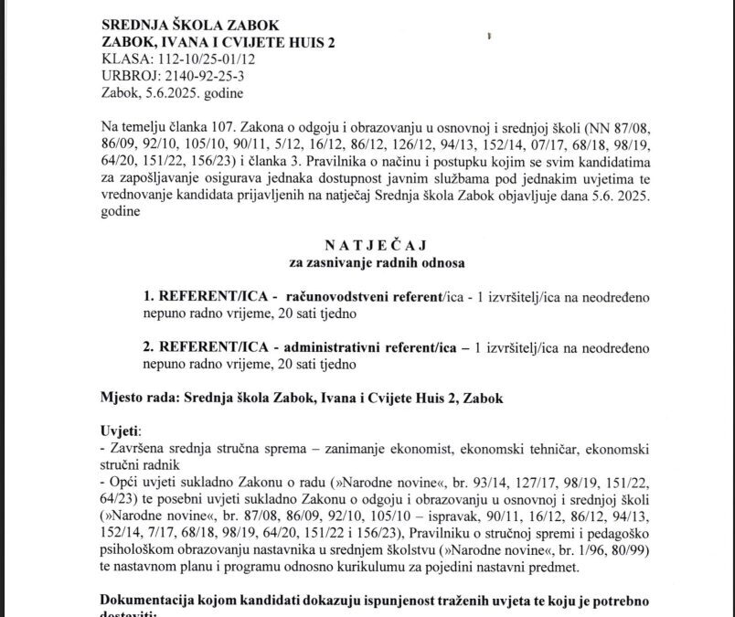 NATJEČAJ za radna mjesta REFERENTA računovodstva i administracije