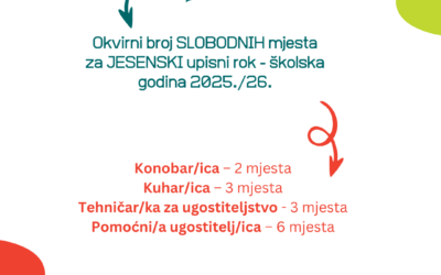 Okvirni broj slobodnih mjesta za JESENSKI upisni rok šk. godina 2025./2026.