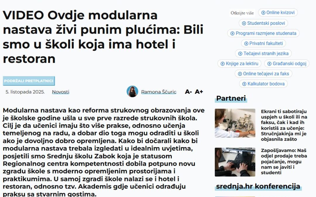 [škola u medijima] Ovdje modularna nastava živi punim plućima: Bili smo u školi koja ima hotel i restoran
