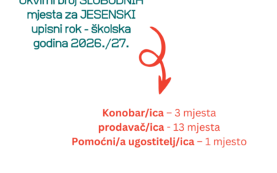 OKVIRNI broj slobodnih mjesta za JESENSKI upisni rok 2026./27. šk. god.