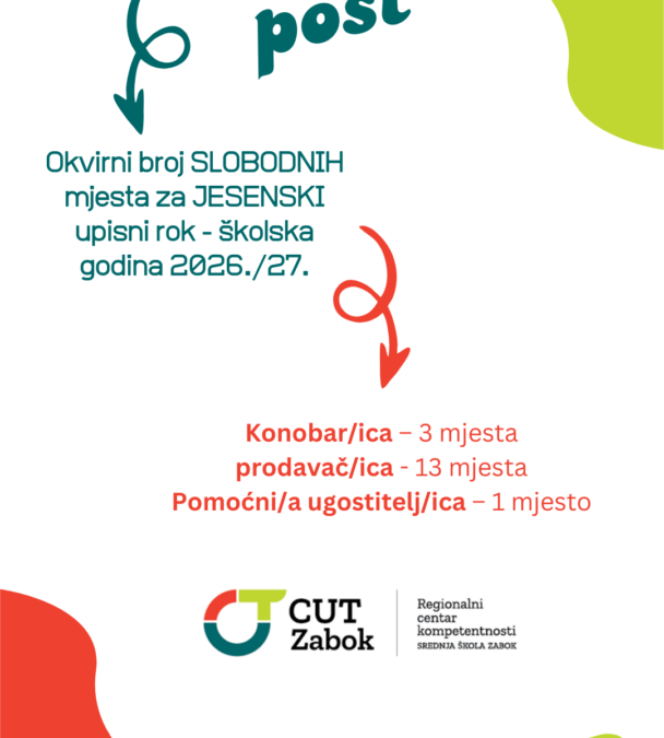 OKVIRNI broj slobodnih mjesta za JESENSKI upisni rok 2026./27. šk. god.